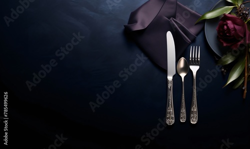Vintage cutlery on dark blue background with copy space. photo