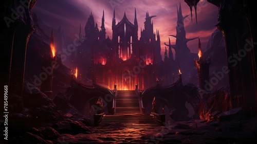 Fantasy landscape with dark castle and stairs. 3D rendering.