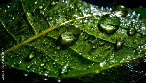 Macro green leaf with crystal clear water droplets showing its perfections with central and lateral ribbing AI Generated