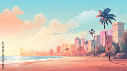 Beach with palm trees and skyscrapers at sunset. Vector illustration.