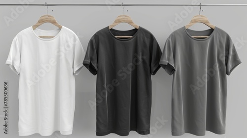 The male T-shirt mock-up is a black and white color scheme with short sleeves on wooden hangers. Blank apparel design for men, sportswear, casual clothing isolated realistic 3d modern mock-up.