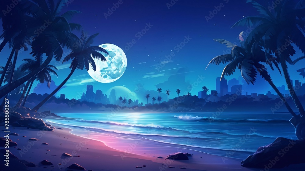 Night beach with palm trees and big full moon. 3d render