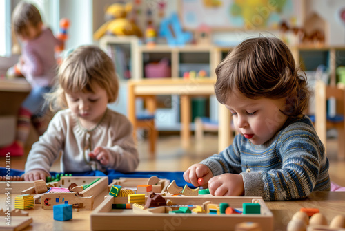 Toddlers Concentrating on Colorful Wooden toys in playroom at kindergarten. Back to school and education concept