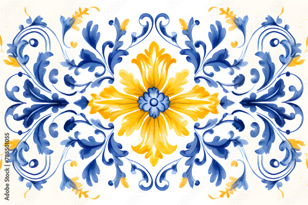 Pattern of azulejos tiles. Rustic blue and yellow tile watercolor seamless pattern Pattern of azulejos tiles. Rustic blue and yellow tile watercolor seamless pattern
