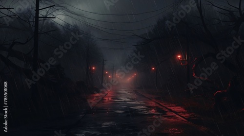 Dangerous path through the forest at night. 3D rendering