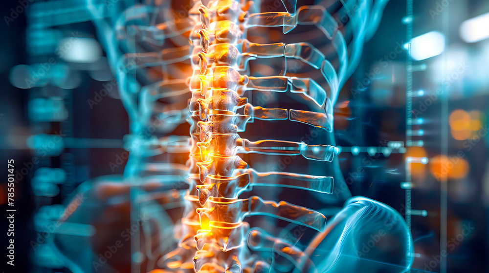 Tracing the origin of agony Navigate the realm of medical imaging as an Xray highlights the skeletal structure directing attention to the specific area of the spine where back pain originates offering - obrazy, fototapety, plakaty 