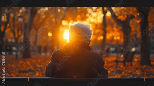 An elderly person sitting alone on a park bench, looking reflective and nostalgic as they watch the sunset photo
