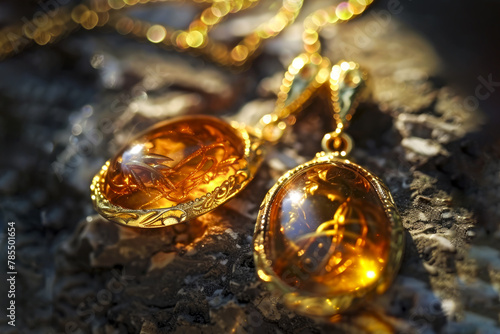 A stunning pendant crafted from amber, adorned with a delicate golden chain. Embodies the elegance and allure of amber jewelry. Generative AI.