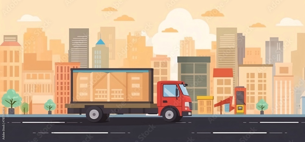 Truck on the road with cityscape background. Vector illustration.