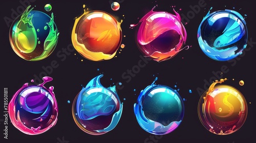 An elegant set of sprites depicting the explosion of a bubble of soap for a game or animation. Modern storyboard of a realistic sphere explosion with splashes and drops. Set of sequences of a rainbow