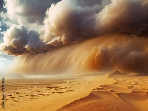 A sandstorm sweeps across a desert landscape, obscuring the horizon and turning the sky a dark, ominous yellow. photo