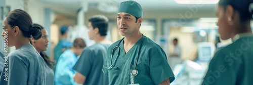 A confident surgeon stands in a busy hospital corridor with his medical team in the background