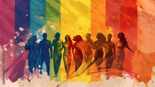Silhouettes of a group of people on a rainbow background.