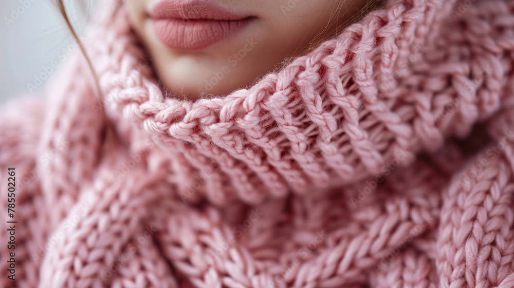 Close-up of a woman wearing a pink scarf. Close-up of a woman wearing a pink scarf.