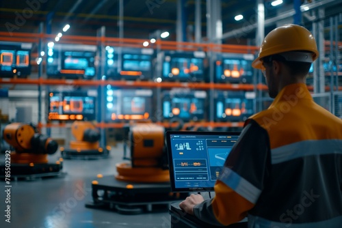 Professional Engineer Monitoring High-Tech Automated Logistics in a Smart Factory