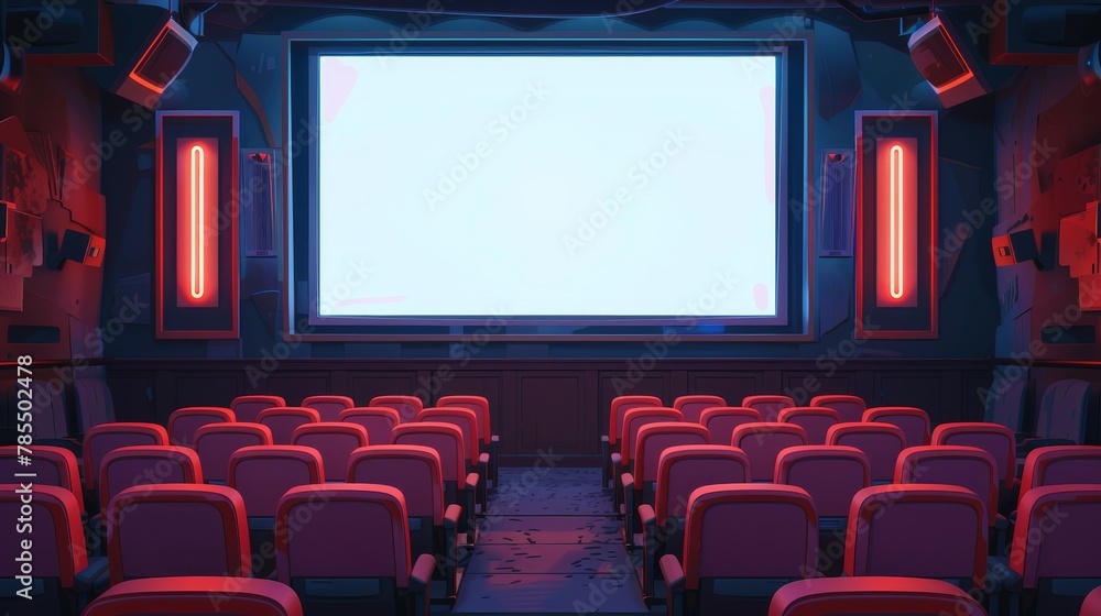 Animated modern of dark cinema auditorium with blank white screen, chair backs, projectors and speakers. Modern cartoon interior of dark cinema auditorium.