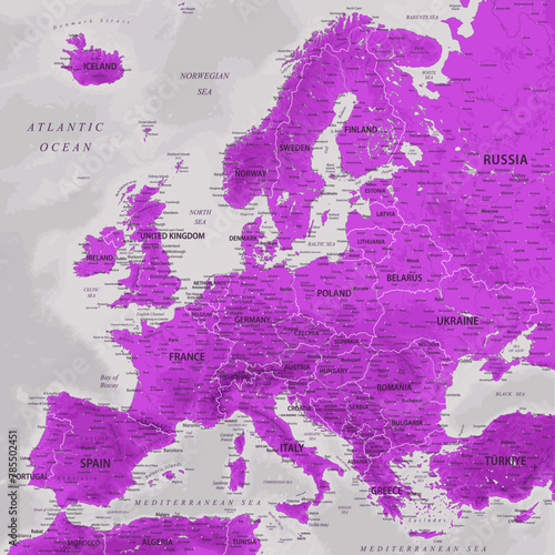 Europe - Highly Detailed Vector Map of the Europe. Ideally for the Print Posters. Amethyst Lilac Purple Colors. Relief Topographic and Depth