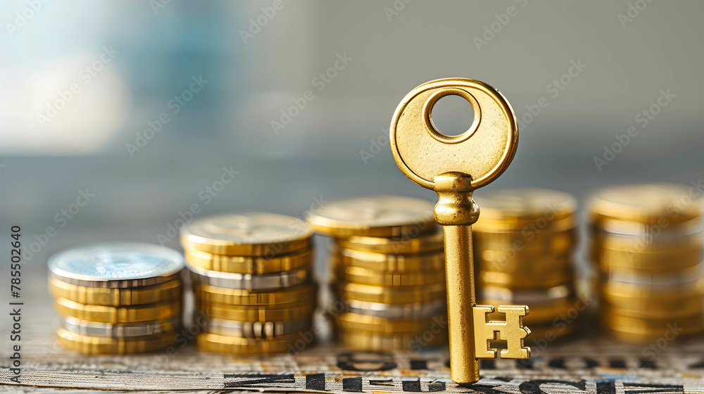 Craft a visual representation of investment with a golden key unlocking wealth opportunities