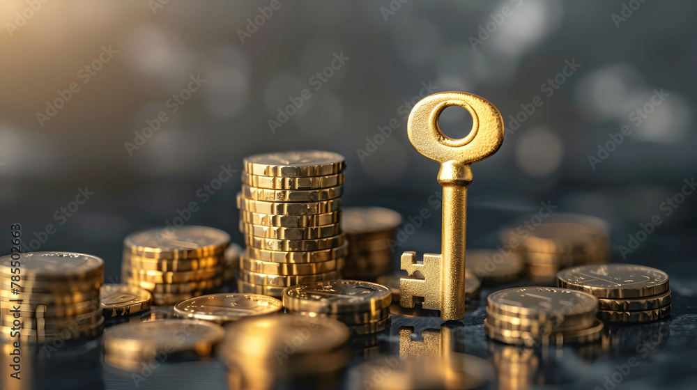 Craft a visual representation of investment with a golden key unlocking wealth opportunities