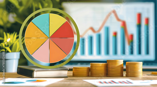 Illustration of investment featuring a pie chart displaying asset allocation or portfolio management on stock market and fund, analysis and research investment plan photo