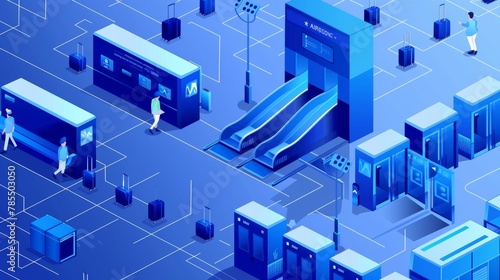 A how-to airport landing page with isometric views of passenger waiting areas, pass control with conveyor belts and baggage scanners, luggage detectors, turnstiles, and security check point zones, as photo
