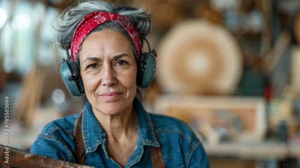 Mature woman with headphones in a workshop