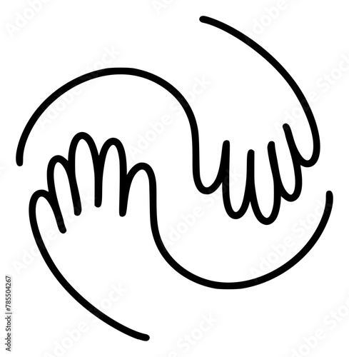 Simple black and white two hands interlocked drawing logo hug icon symbolizing unity and support. Vector illustration for web design
