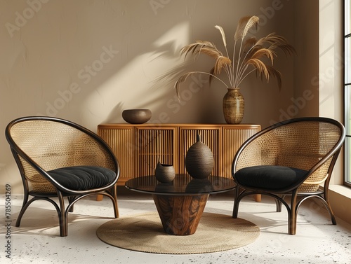 Luxury chairs around round black glass table in room with sofa and cabinet near luxury wall. 