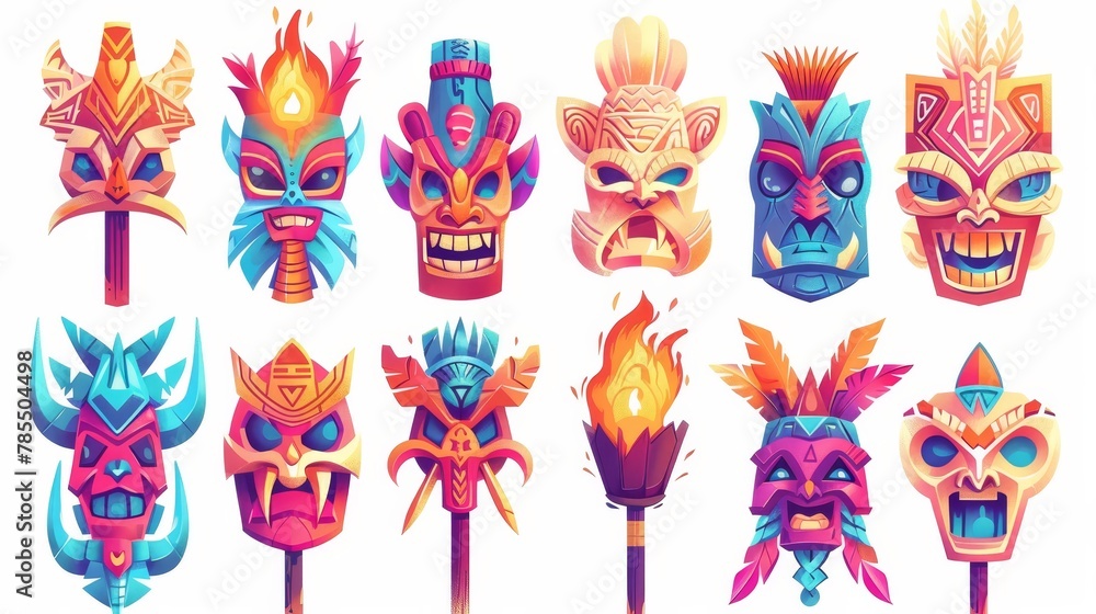 An illustration of ancient wooden god faces isolated on a white background with tiki masks, hawaiian tribal totems, and burning torches. A modern cartoon of polynesian traditional statues and