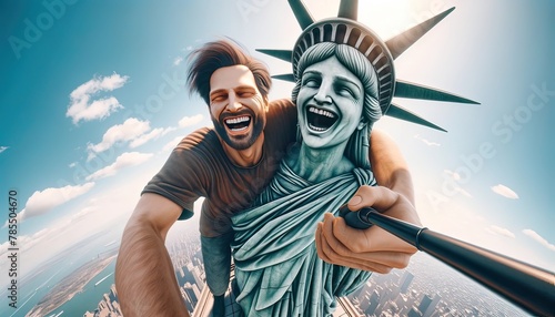 Man Takes Selfie with Statue of Liberty Replica photo