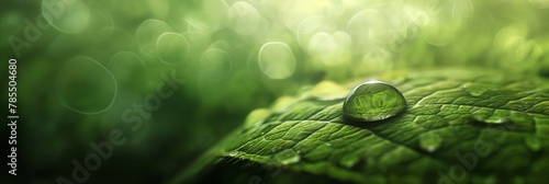 An up close image of a pristine dewdrop on a vibrant green leaf, symbolizing purity and the beauty of nature