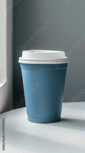 Blue paper coffee cup with white lid on gray background