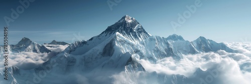 Breathtaking vista of Mount Everest towering above the clouds, showcasing its sheer scale and the grandeur of the Himalayas