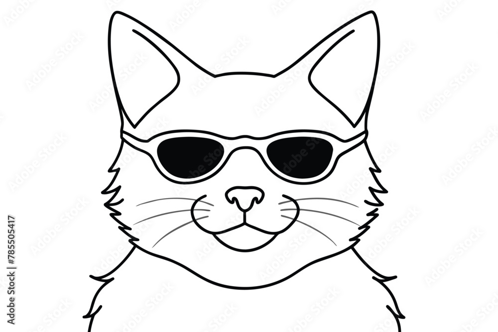 Closeup portrait of a cat wearing sunglasses, line art, vector illustration