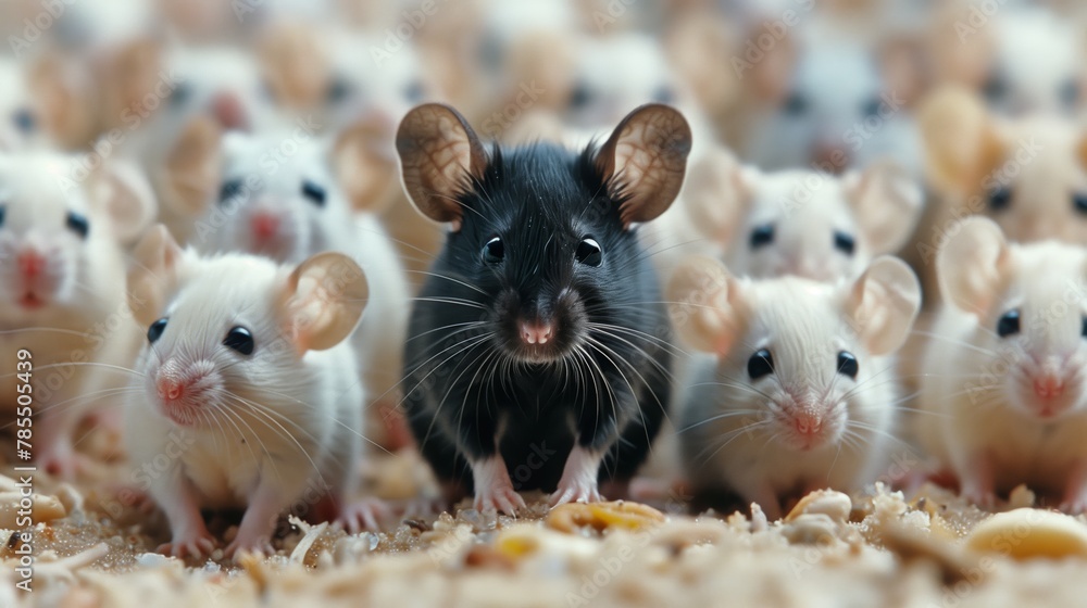 Black mouse alone among a crowd of white mouse, concept of standing out from the crowd as a leader, of being different and unique with its own identity Black mouse alone among a crowd of white mouse, concept of standing out from the crowd as a leader, of being different and unique with its own identity