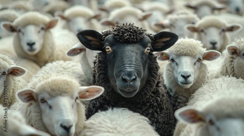 Black sheep alone among a crowd of white sheep  concept of standing out from the crowd as a leader  of being different and unique with its own identity
