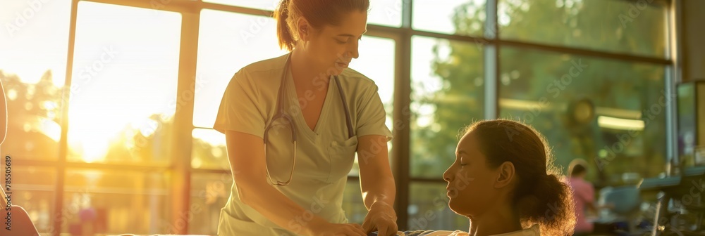 In a warm, sunlit hospital room, a nurse is seen interacting with a young patient, creating a sense of care and attention