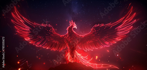 A neon red phoenix, rising from the ashes in a blaze of glory, its wings spread wide against the backdrop of a dark. 32k, full ultra hd, high resolution © Shakeel,s Graphics