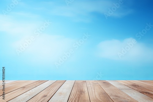 Sky Blue background with a wooden table, product display template. sky blue background with a wood floor. Sky Blue and white photo of an empty room