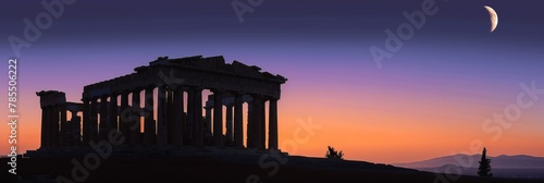 A breathtaking evening shot capturing the Parthenon's silhouette against a stunning gradient sunset sky, accentuated by a crescent moon