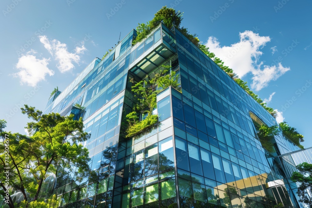 Modern city green glass office building integrated with nature for sustainable design
