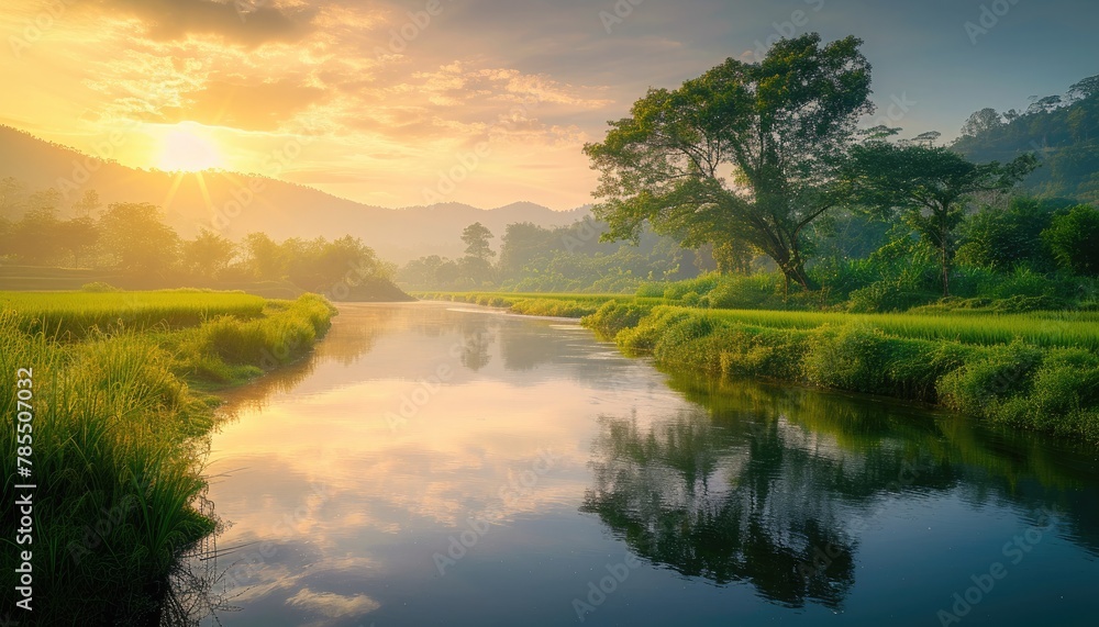 A river winding through rice fields, with the sunset casting a golden glow, framed by towering mountains 🌅🌾🏞️ #RiversideSunset A river winding through rice fields, with the sunset casting a golden glow, framed by towering mountains 🌅🌾🏞️ #RiversideSunset