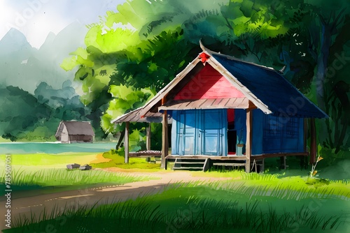 A watercolored bright serene image of a traditional bahay kubo, capturing the tranquility of rural life photo