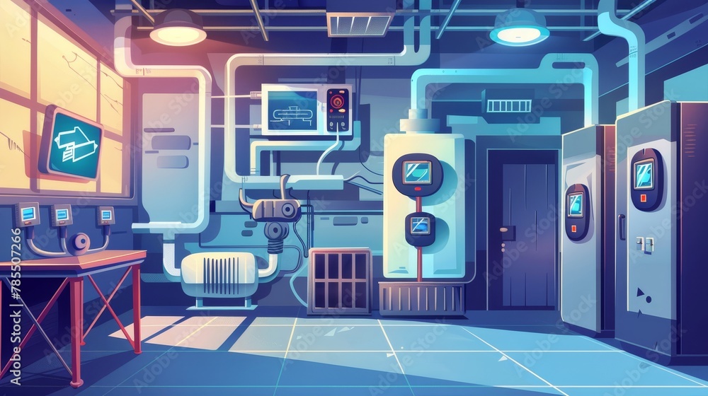 In the boiler room there is a water heater, pipes and sensors on the wall and the heating, ventilation and air conditioning system is for climate control. Cartoon modern illustration of the HVAC In the boiler room there is a water heater, pipes and sensors on the wall and the heating, ventilation and air conditioning system is for climate control. Cartoon modern illustration of the HVAC