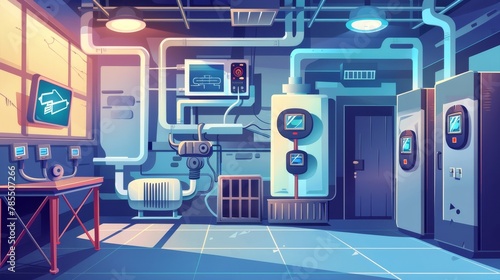 In the boiler room there is a water heater  pipes and sensors on the wall and the heating  ventilation and air conditioning system is for climate control. Cartoon modern illustration of the HVAC