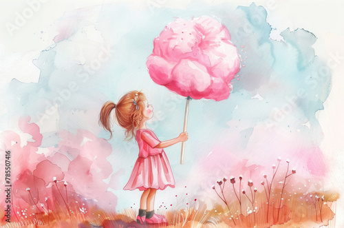 Illustration of a little girl with cotton candy in her hand, happy childhood