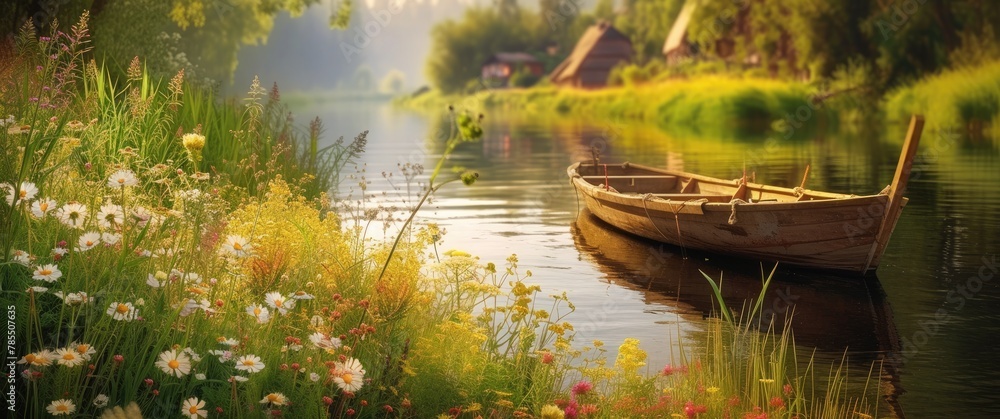 A small wooden boat on a calm river, with white flowers lining the edges 🚣‍♂️🌼 Serene and picturesque scene! #RiverLife