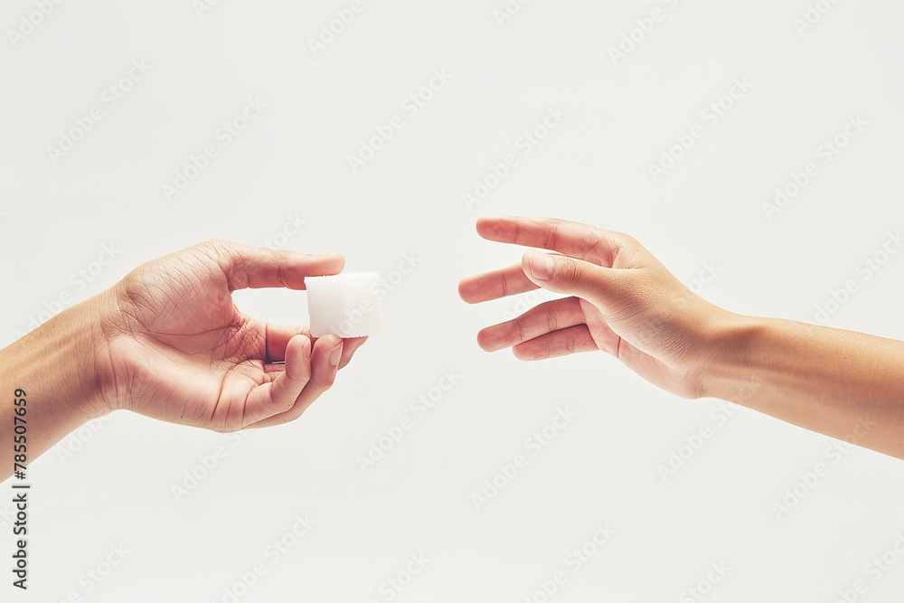 Hands passing a sugar cube conceptually Hands passing a sugar cube conceptually