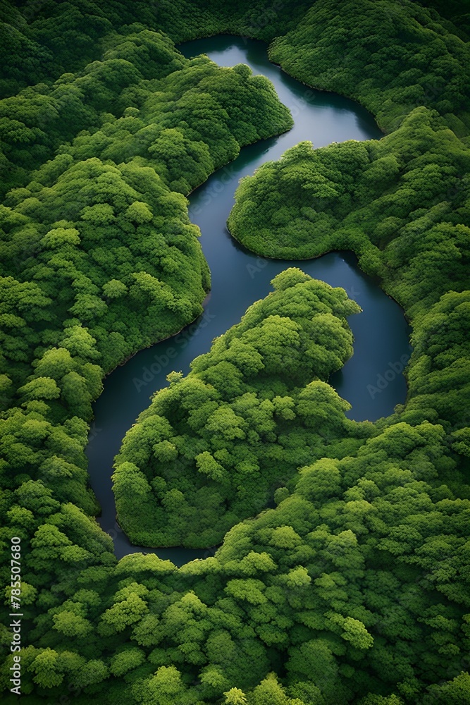 Aerial view of a lush green amazon rainforest - view of dense canopy and winding river from above.
