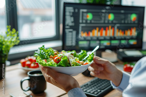 Eating a fresh salad at a work desk with analytics on screen